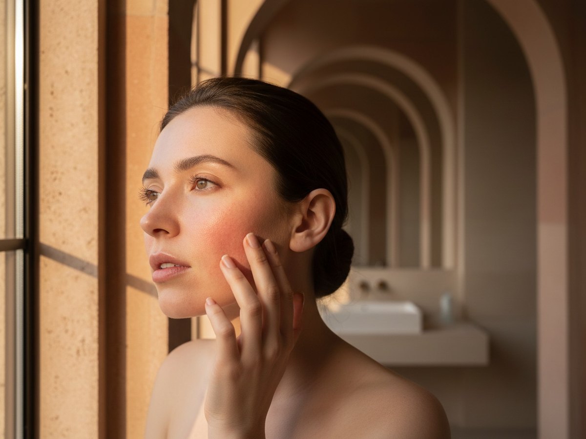 Femme effleurant sa joue irritée et rouge dans une lumière douce