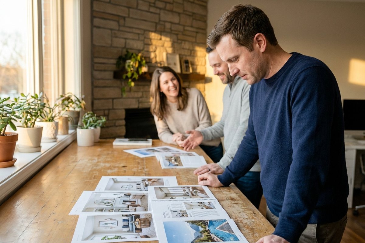 Le rédacteur en chef et deux contributeurs feuillettent des magazines de décoration autour d'une table en bois