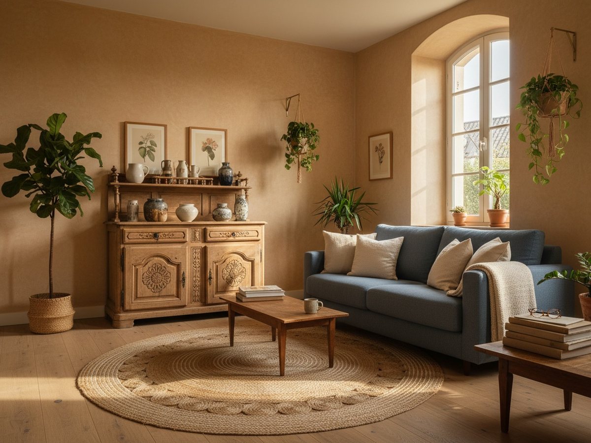 Salon chaleureux avec canapé en lin, tapis tissé et plantes vertes baigné de lumière du matin